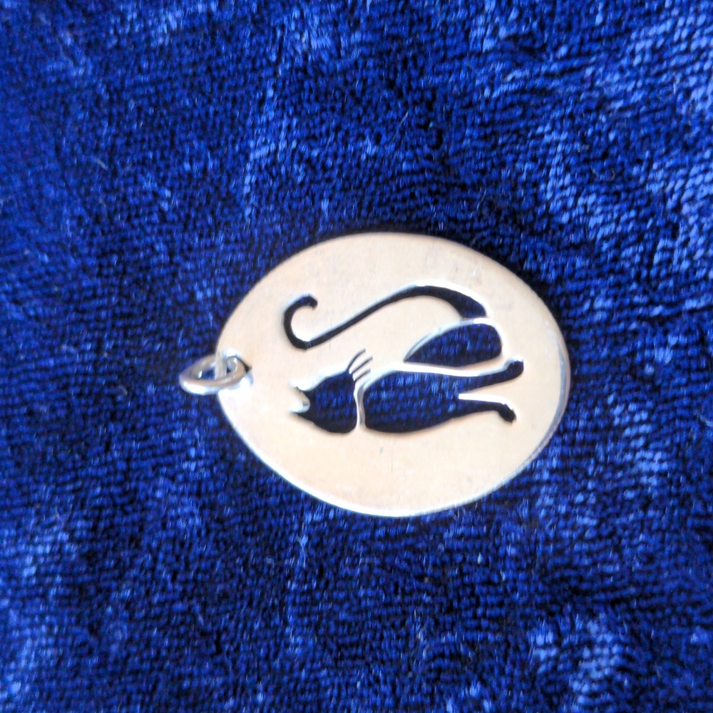 Oval silver tone pendant with intricately carved cat - Picture 1 of 4